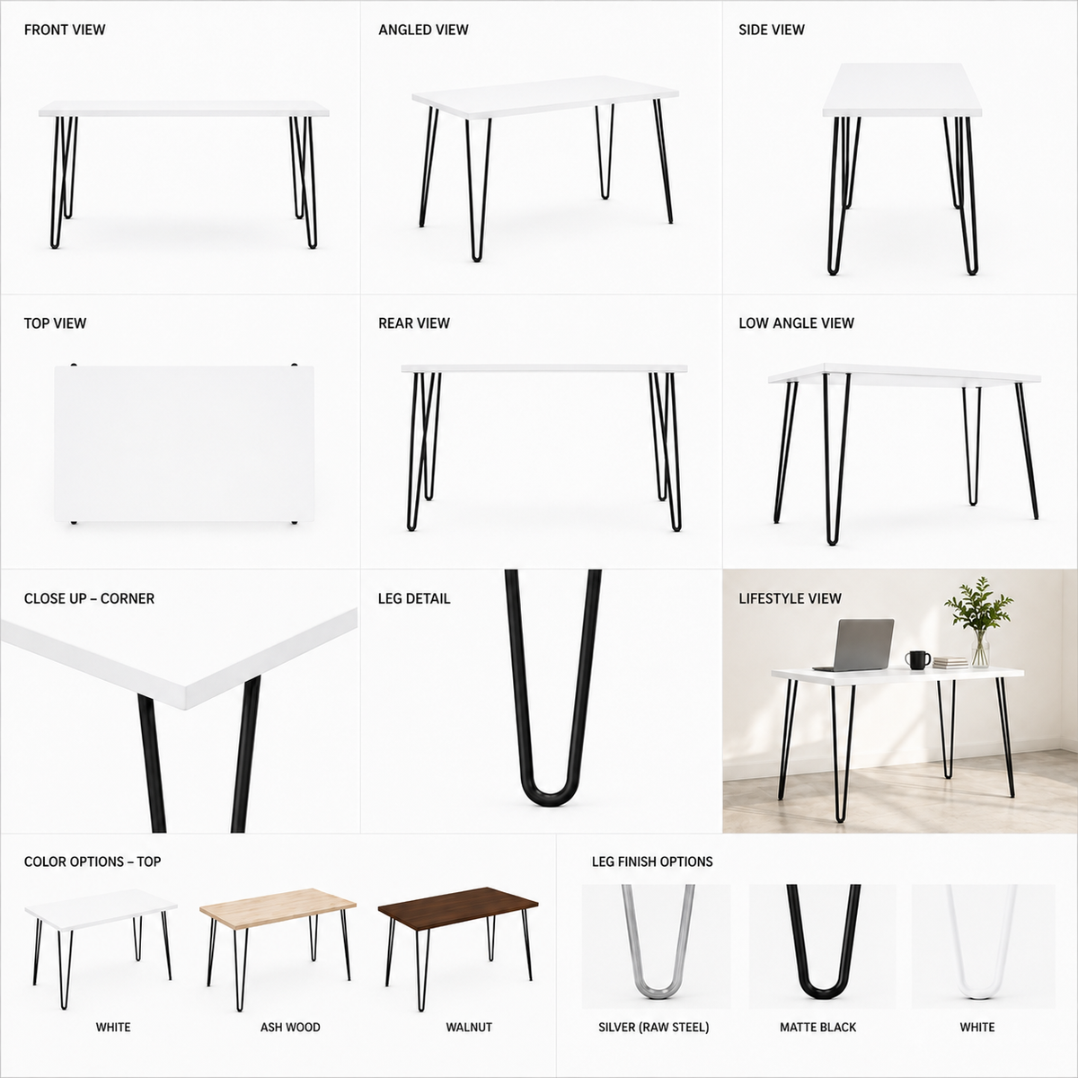Vetre Hair Pin Desk – White with Black Legs